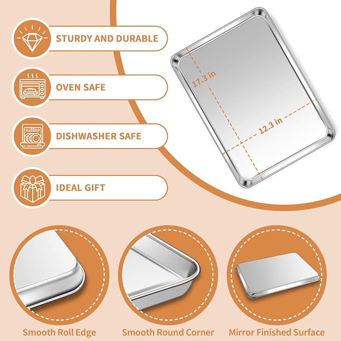 Stainless Steel Baking Sheet Set of 2, Deedro Cookie Sheet Metal Baking Pan - Image 2