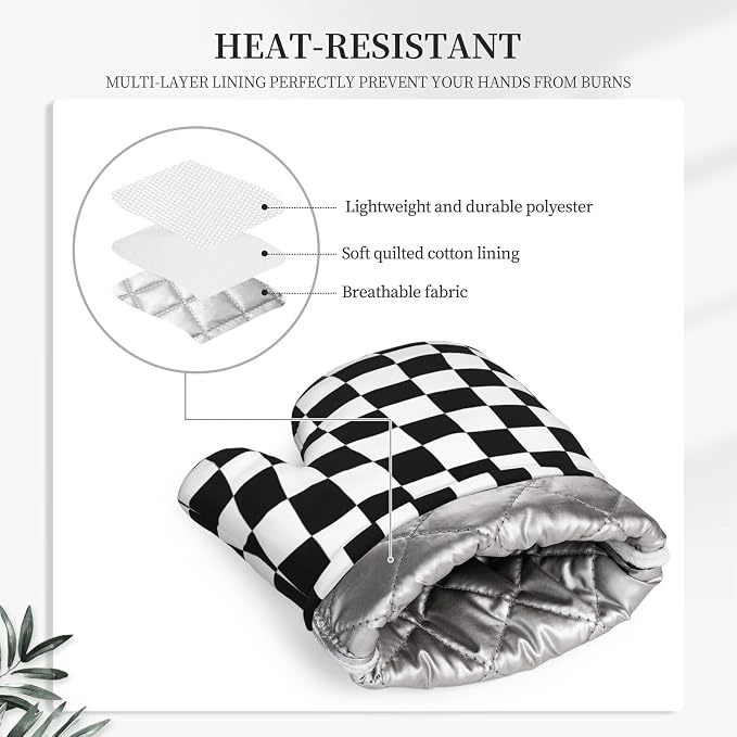 Black White Checkered Oven Mitts and Pot Holders Sets of 4, Heat Resistant - Image 3