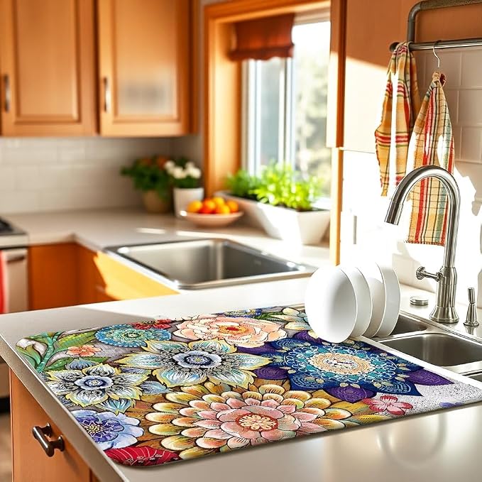 Boho Drying Mat 16" X 18" Boho Flower Kitchen Counter Stone Large Dish Drying - Image 2
