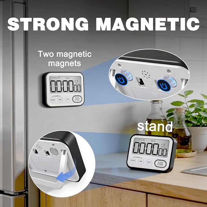 Digital Kitchen Timer Magnetic Loud Alarm, Large LCD Screen Silent/Beeping - Image 4