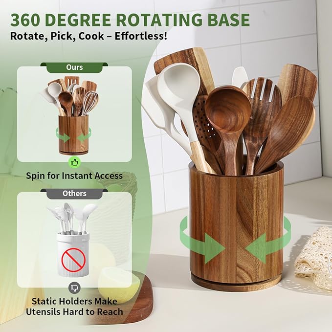 Wooden Utensil Holder, 360°Rotating 7.3'' Large Utensil Holder - Image 2
