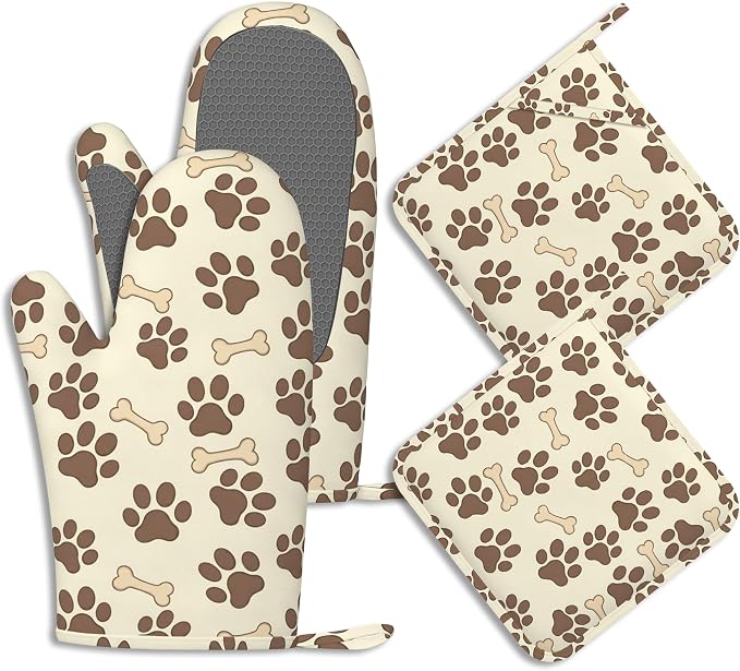 Dog Bone Paw Print Pot Holders and Oven Mitts Set Silicone Cute Animal Paws by BIGXIUKA