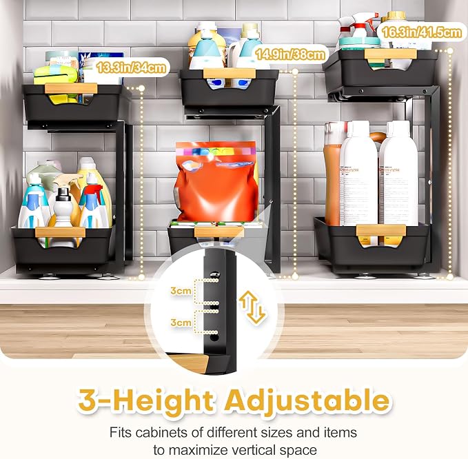 Homde 2-Tier Under Sink Organizer: 2pcs Set Adjustable Pull Out Drawer - Image 3