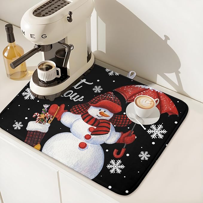 Black Snowman Dish Drying Mats for Kitchen Counter, Winter Snowflake Dish Mat - Image 7