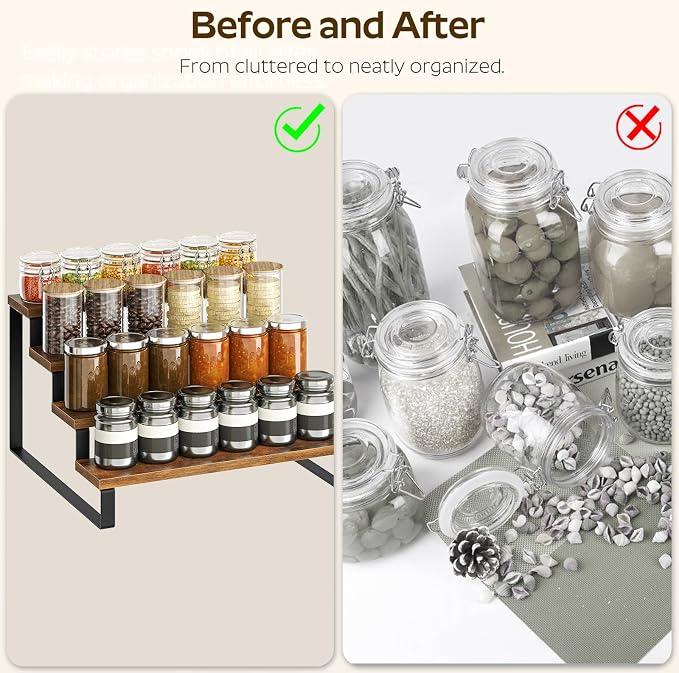 YATINEY Spice Rack, 4 Tier Wooden Display Riser Stand, Kitchen Storage Organizer - Image 4
