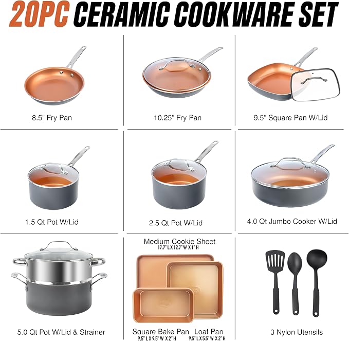GOTHAM STEEL 20 Pc Ceramic Cookware Set, Copper Pots and Pans Set Non Stick - Image 9