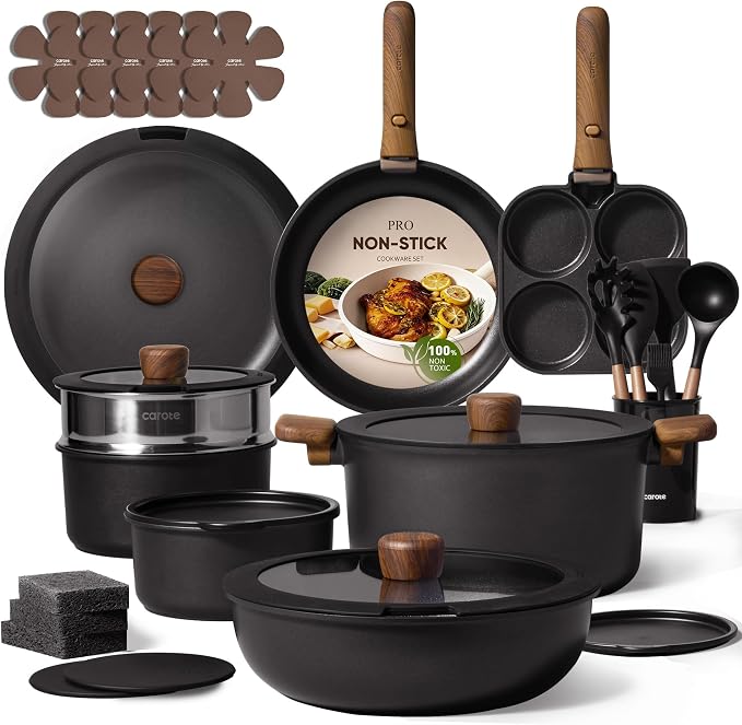 CAROTE 33pcs Pots and Pans Non Stick, Cookware Sets Detachable Handle, by CAROTE
