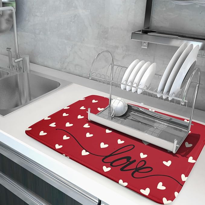 Giwawa Red Hearts Dish Drying Mat 18"x24", Valentines Day Symbol of Love Dish - Image 5