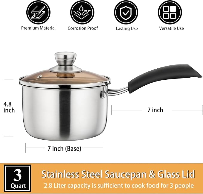P&P CHEF 3 Quart Saucepan Small Pot, Stainless Steel Saucepan - Image 2