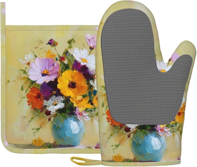 Vintage Flower Heat-Resistant Oven Mitts and Pot Holder Kitchen Non-Slip by Unknown