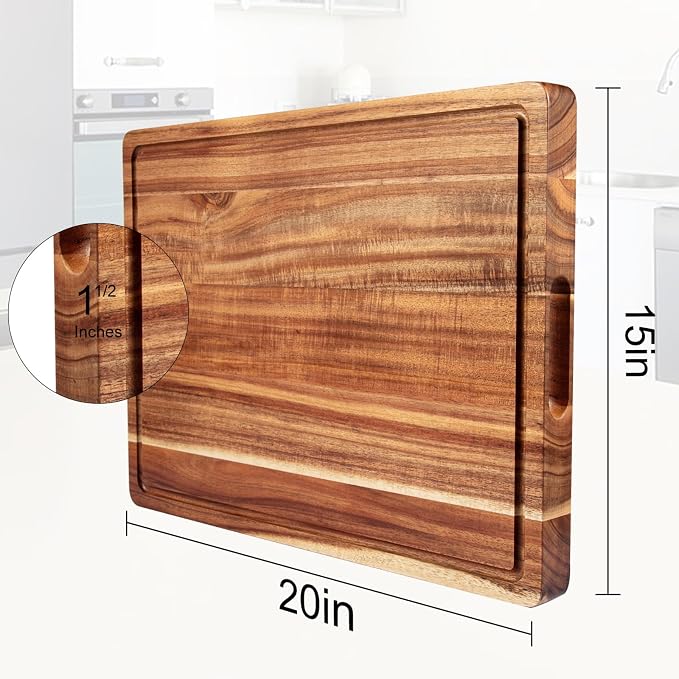 20 Inch Large Acacia Wood Cutting Board 1.5" Thick, Reversible Wooden Cutting - Image 2