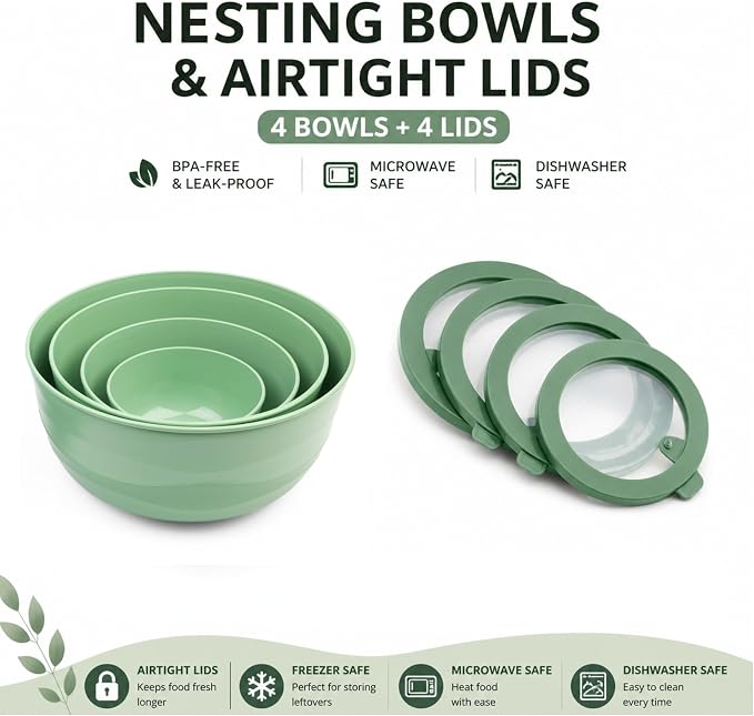Pera Mixing Bowls with Lids Set, 8 Piece, BPA Free Nesting Kitchen Bowl Set - Image 2
