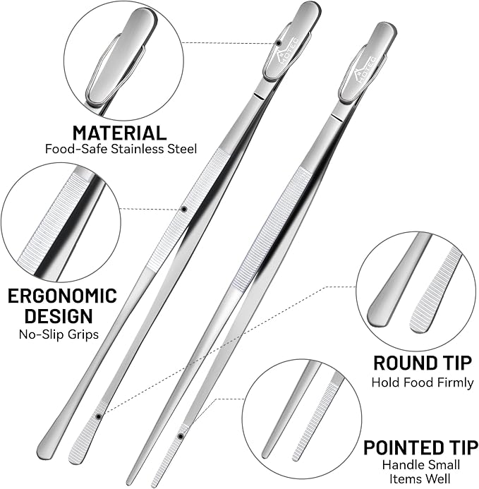 HOTEC Kitchen Tweezers Tongs Stainless Steel Professional Chef Tweezers - Image 5