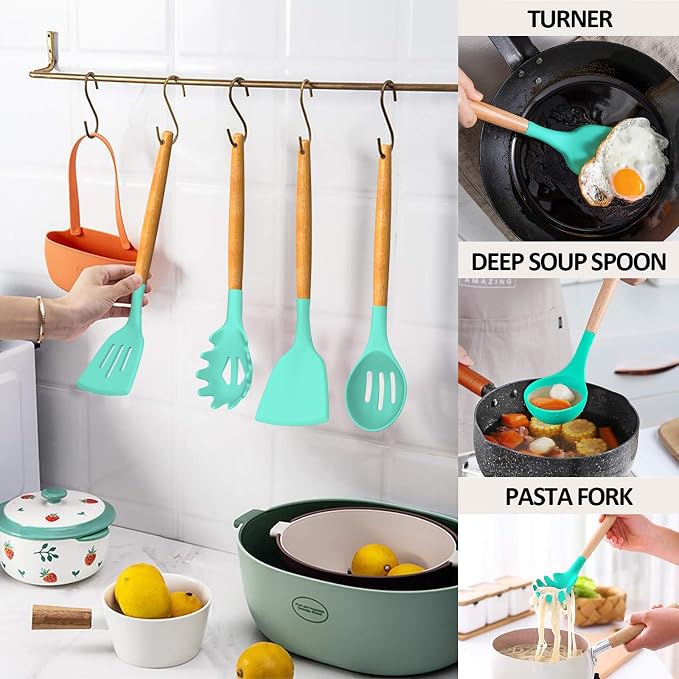 Umite Chef Kitchen Cooking Utensils Set, Wooden Handle Heat Resistant Silicone - Image 4