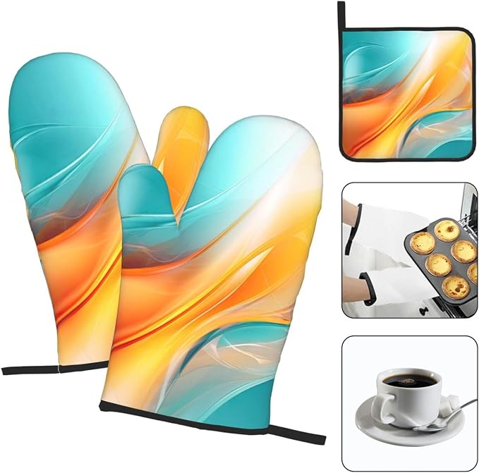 Turquoise Orange Abstract Art Oven Mitts & Pot Holders Sets of 3, Heat - Image 4