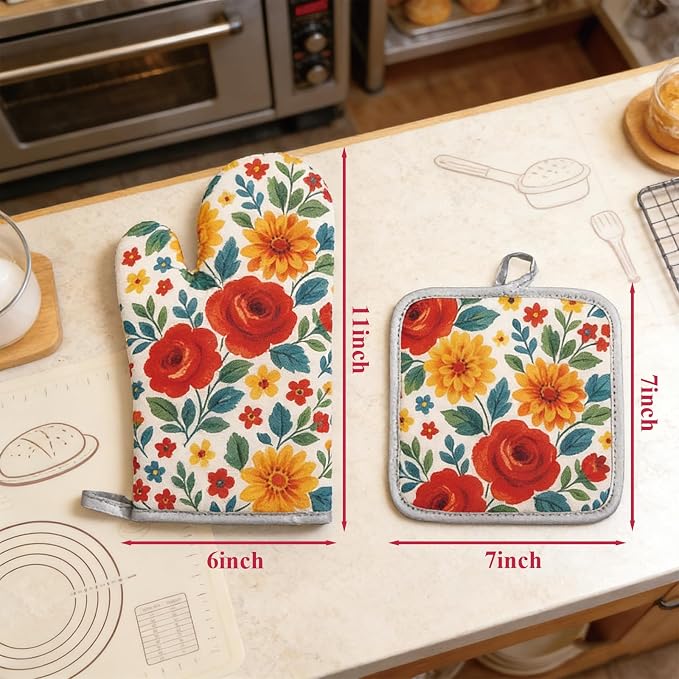 Floral Oven Mitts and Pot Holders Sets 2 Pcs, Canvas Heat Resistant Kitchen - Image 3