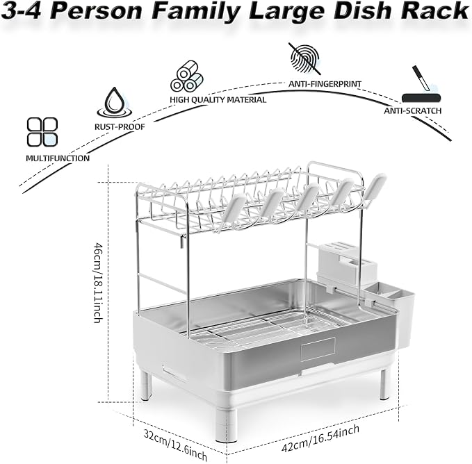 Ewaiira Dish Drying Rack, 2 Tier Large Dish Rack, Stainless Steel Dish Drainer - Image 9