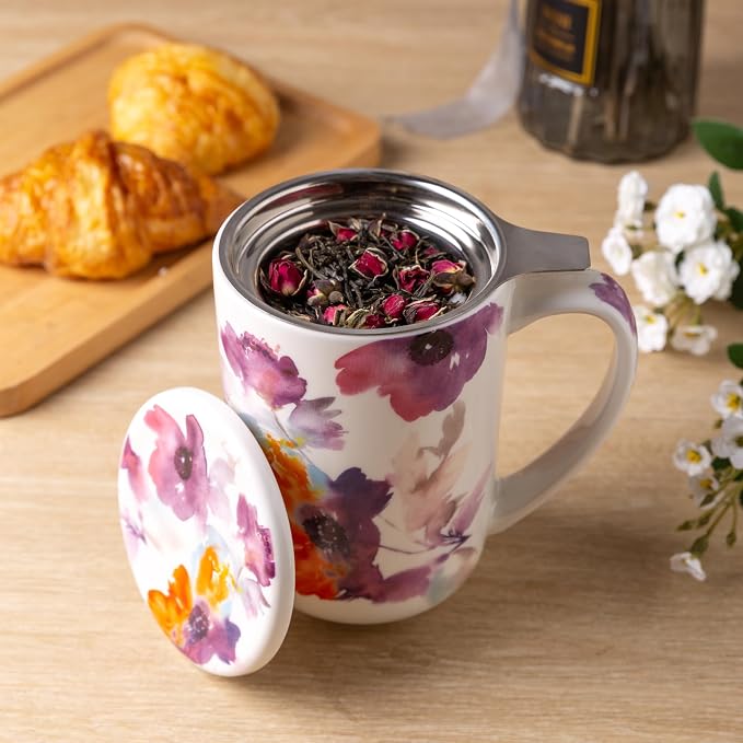 AmorArc Porcelain Tea Mug with Infuser and Lids, 18 Oz Large Cup Strainer with - Image 2