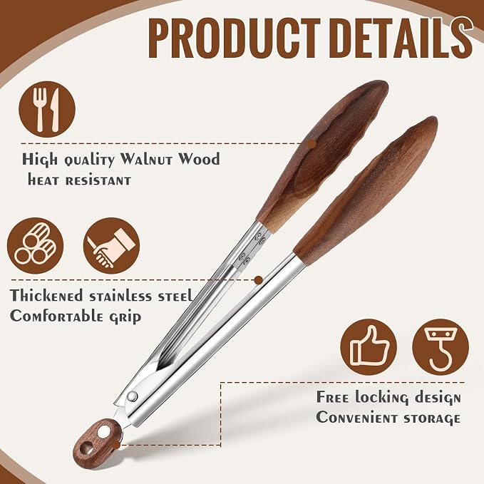 Baderke 2 Pcs Kitchen Tongs for Cooking Wooden Utensil Set Salad Tongs - Image 3
