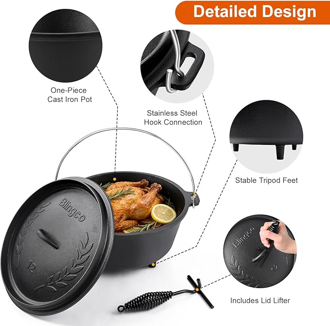 8QT Pre-Seasoned Cast Iron Camp Dutch Oven - Image 3