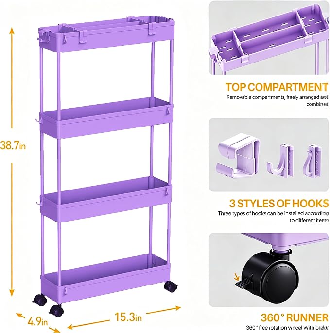 SPACELEAD 2-piece Set Slim Storage Cart 3 Tier, Bathroom Organizer Rolling - Image 8