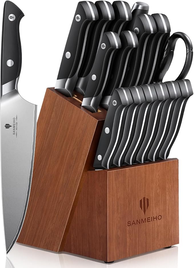 16 PCS Knife Set with Block, Japanese Kitchen Knife Set with 5 Layers High by SANMEIHO