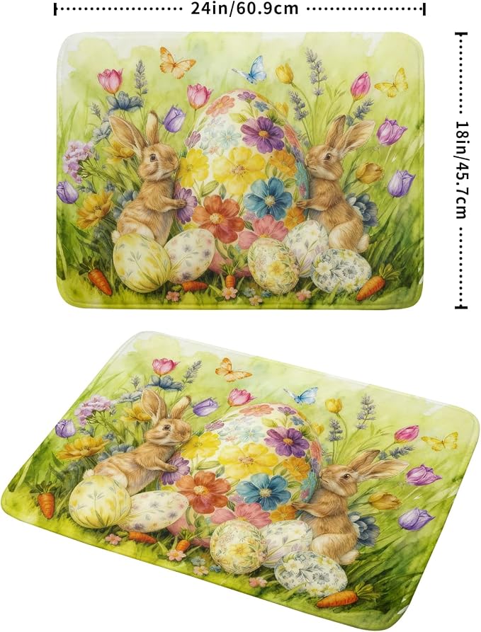 Easter Egg Dish Drying Mat 18x24 Inch Bunny Floral Green Drying Pad - Image 2