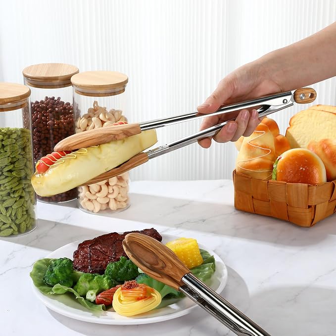 Baderke 2 Pcs Olive Wooden Kitchen Tongs - Image 2