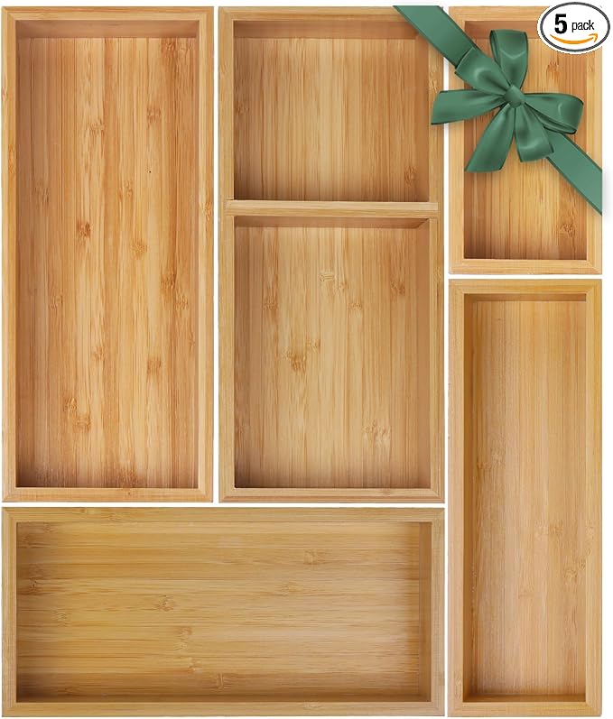 Bamboo Drawer Organizer Set, Junk Drawer Divider and Storage Trays Containers by MapleGrace