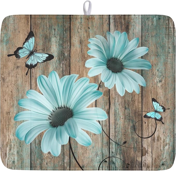 Teal Sunflowers Drying Mat 18x16 Inch, Summer Wooden Board Drying Mat by Trongr