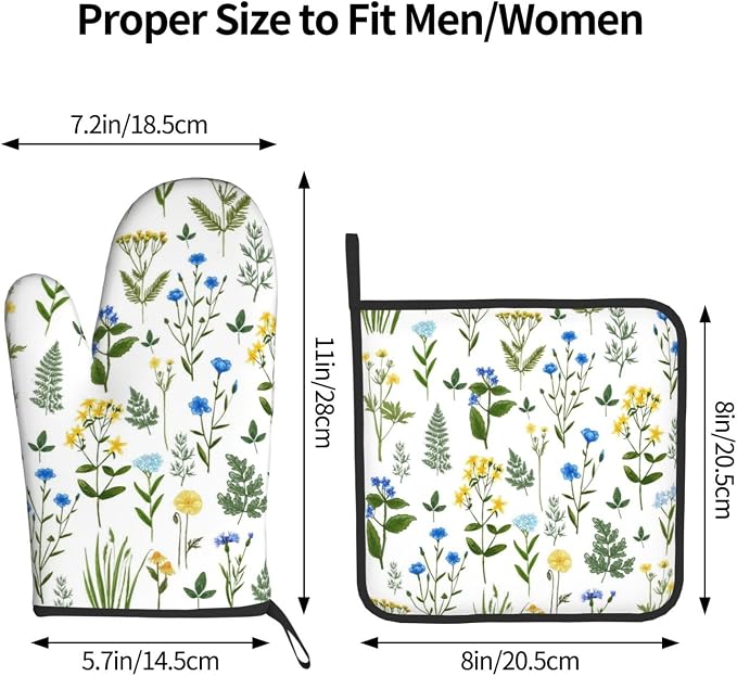 Blue Yellow Green Floral Oven Mitts & Pot Holders Sets of 3, Heat Resistant Sky - Image 8