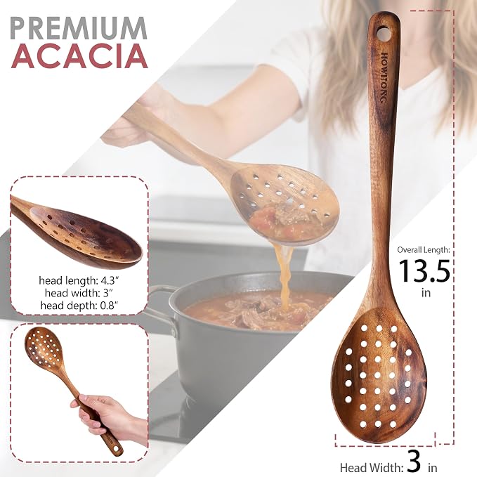 HOWHONG Slotted Spoon Wooden Cooking Utensil, Long Handle Acacia Wood Spoon - Image 2