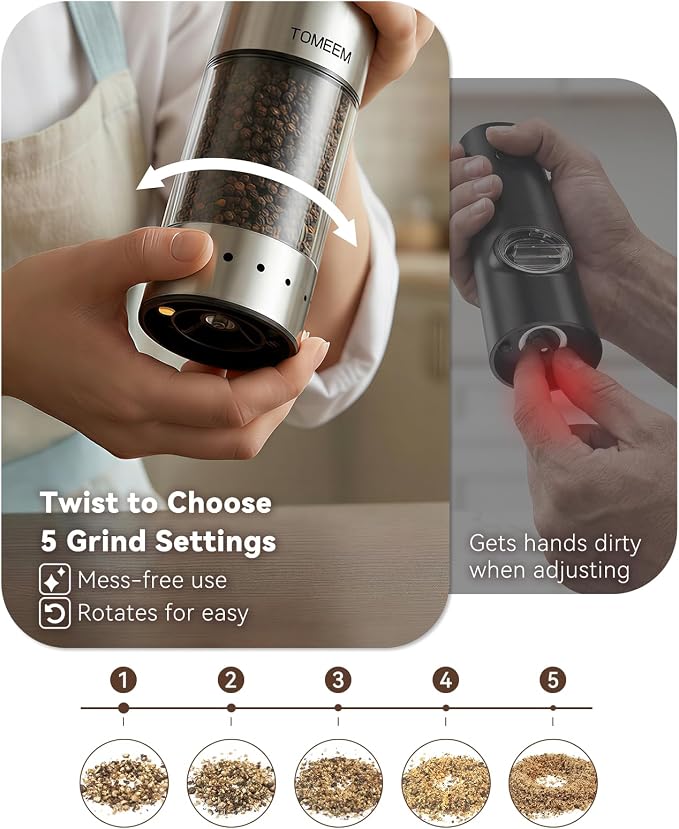TOMEEM Rechargeable Electric Salt and Pepper Grinder Set, 115ml Large Capacity - Image 3
