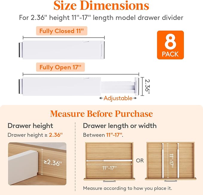 Lifewit 8 Pack 2.36" High Drawer Dividers 28-43.5cm/11-17" Adjustable Drawer - Image 2