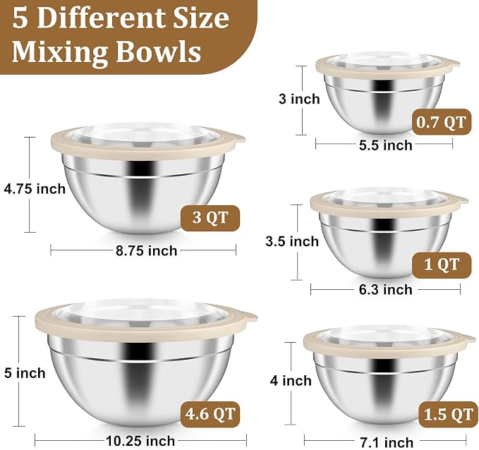 P&P CHEF Mixing Bowls with Visible Airtight Lids Set of 5, 10-Piece Stainless - Image 2