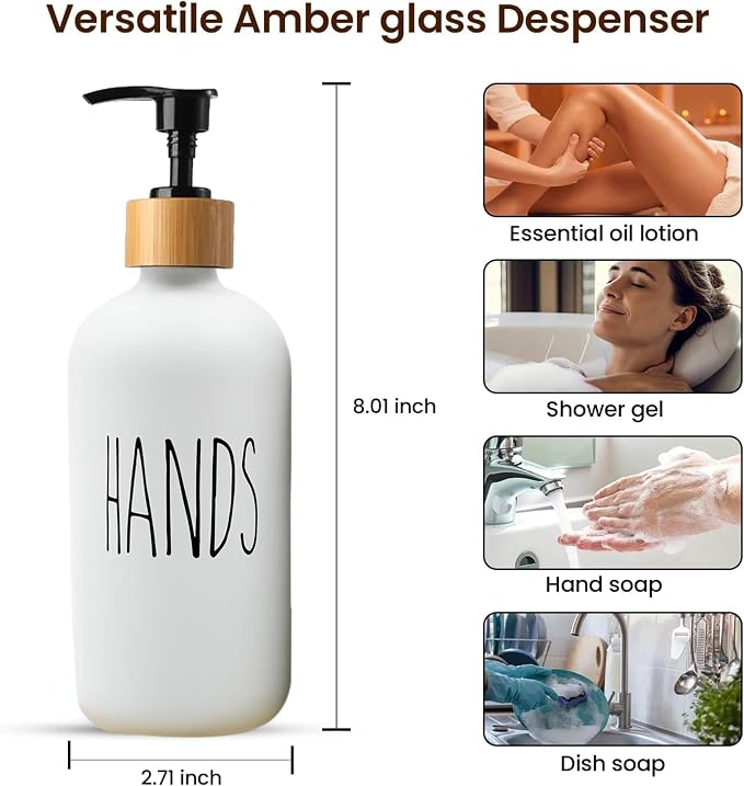Sunrise Premium 16 OZ Thick White & Black Glass Soap Dispenser, Bamboo Pump - Image 3