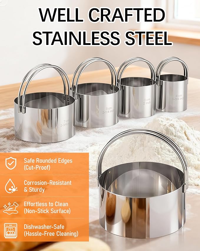 Biscuit Cutter Set with Handle, 5 Piece Stainless Steel Round Cookie Cutter Tool - Image 4