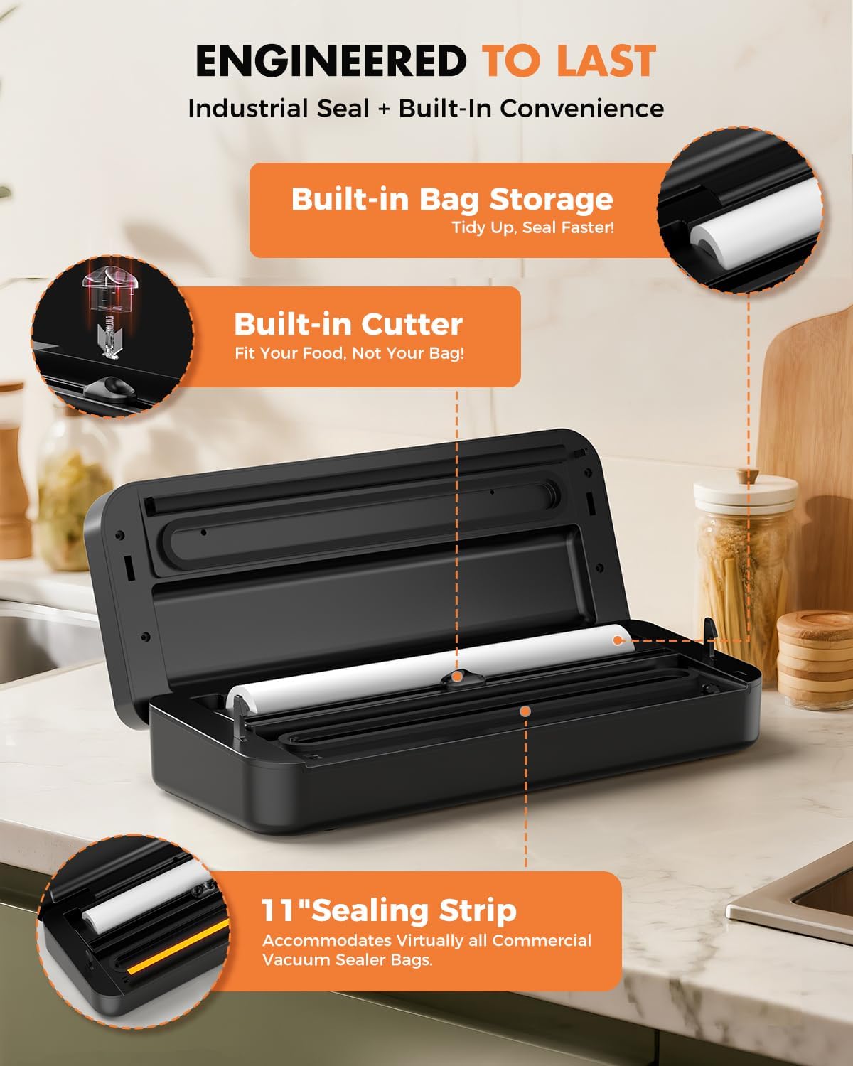 Vacuum Sealer for Food, Food Saver, 95kPa, Easy Tear Cutter, 9-in-1