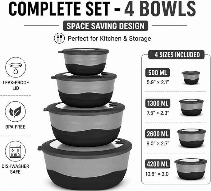 Pera Mixing Bowls with Lids Set, 8 Piece, BPA Free Nesting Kitchen Bowl Set - Image 4