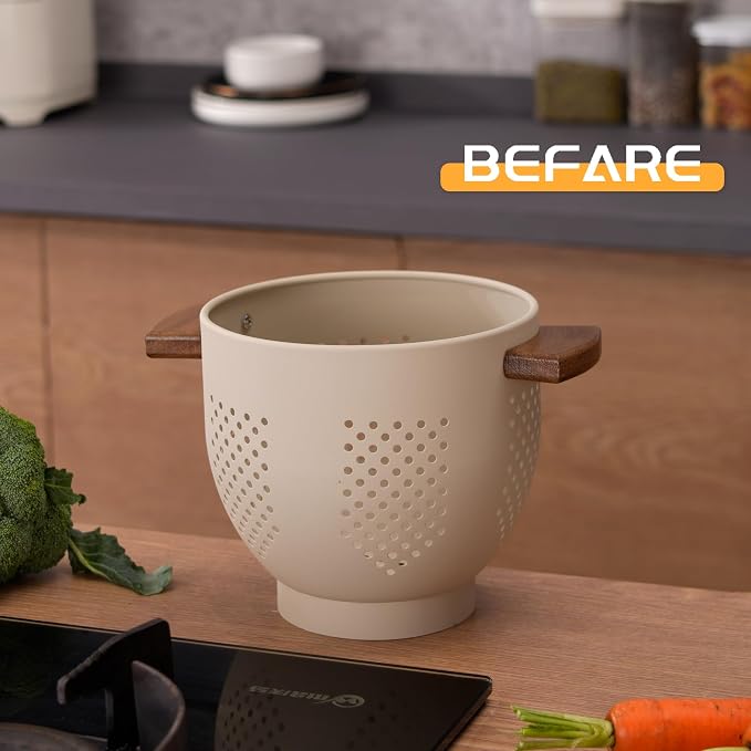 BeFare Metal Colander with Wood Handle and Stable Base, Powder Coated Steel - Image 7
