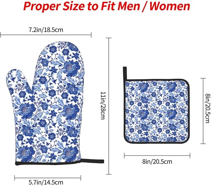 Navy Blue Floral Oven Mitts and Pot Holders Sets, Heat Resistant Oven Gloves - Image 4