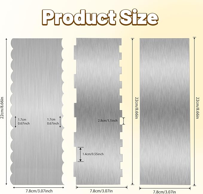 3 Pieces 8.7 Inche Stainless Steel Cake Scraper，Double Sided Patterned Edge - Image 2