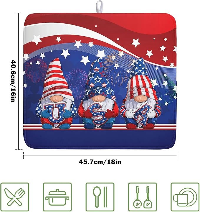 Kawani 4th of July Dish Drying Mat 16x18 Inch Spring Summer Patrioti Gnome - Image 2