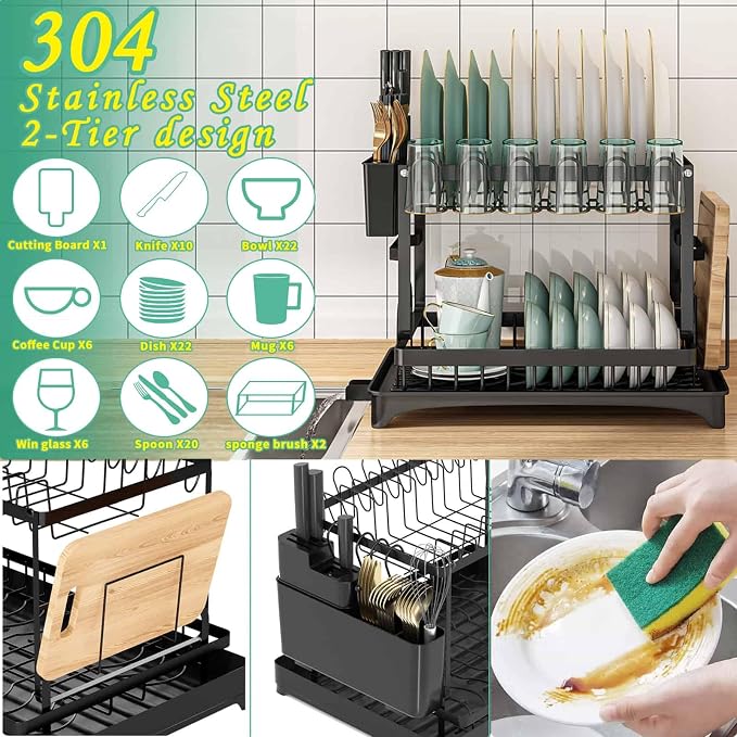 XLMYS Dish Drying Rack, 2 Tier Large Dish Drying Rack - Image 5