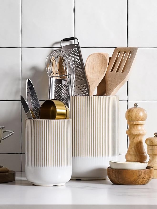 LE TAUCI Utensil Holder for Kitchen Counter, 7.3"+5.4" Fluted Ceramic Utensil - Image 3