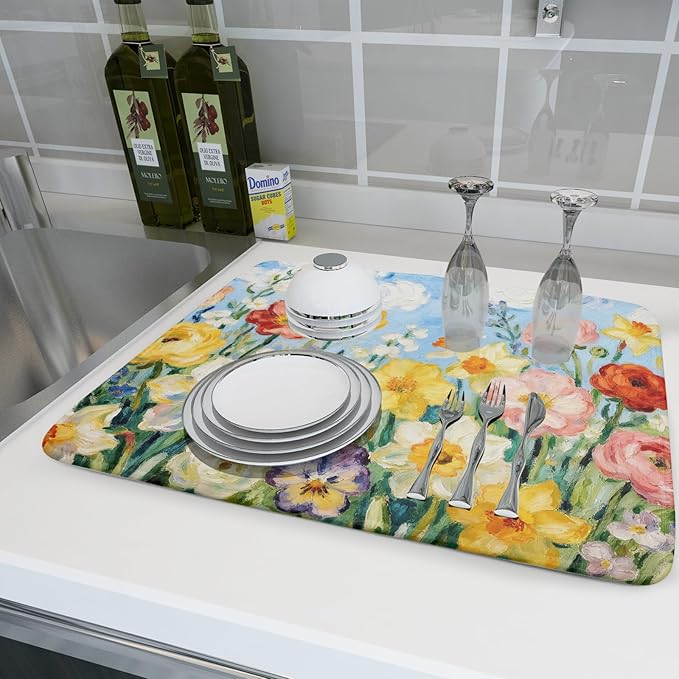 Spring Floral Dish Drying Mat for Kitchen Counter 18x24 Yellow Pink Narcissus - Image 6