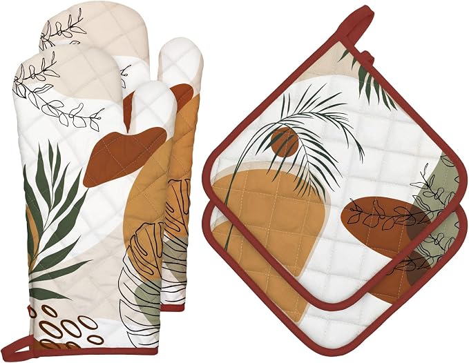 Boho Leaf Oven Mitts and Pot Holders Sets 4Pcs, 100% Cotton Heat Resistant by Arquiel