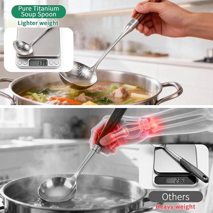 Newness Soup Ladle and Solid Turner, Resilient Pure Titanium Soup Spoon and - Image 3