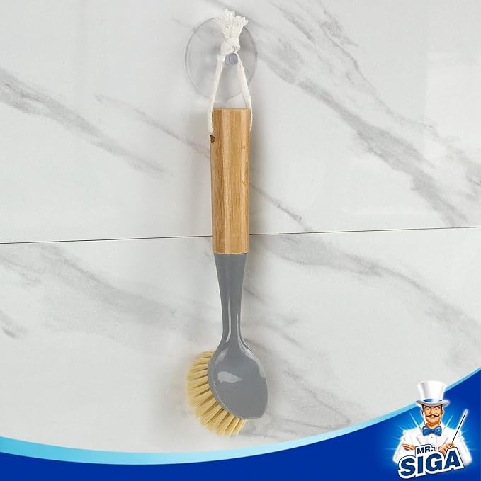 MR.SIGA Dish Brush with Bamboo Handle Built-in Scraper, Scrub Brush - Image 6