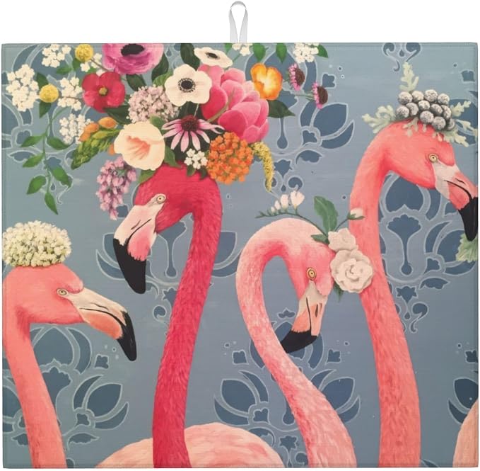 Flamingo Flowers Dish Drying Mat 16x18 Inch, Microfiber Absorbent Fast Dry Mat by Unknown